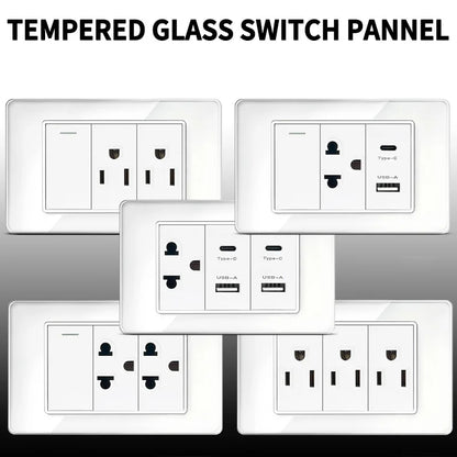 118x75mm tempered glass US-Thai socket with dual USB-C ports and 2 AC outlets, scratch-resistant panel, 110V