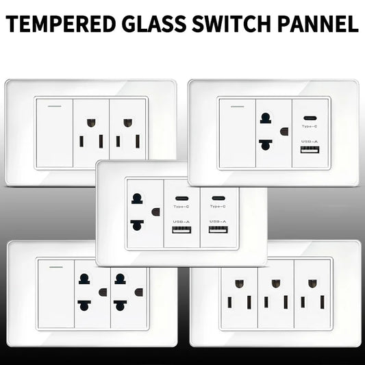 118x75mm tempered glass US-Thai socket with dual USB-C ports and 2 AC outlets, scratch-resistant panel, 110V