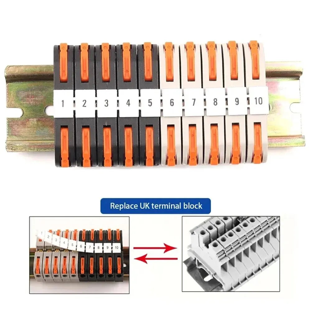 Close-up of Din Rail terminal block, 211 wire universal fast cable connector with number strip