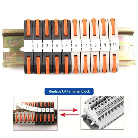 Close-up of Din Rail terminal block, 211 wire universal fast cable connector with number strip