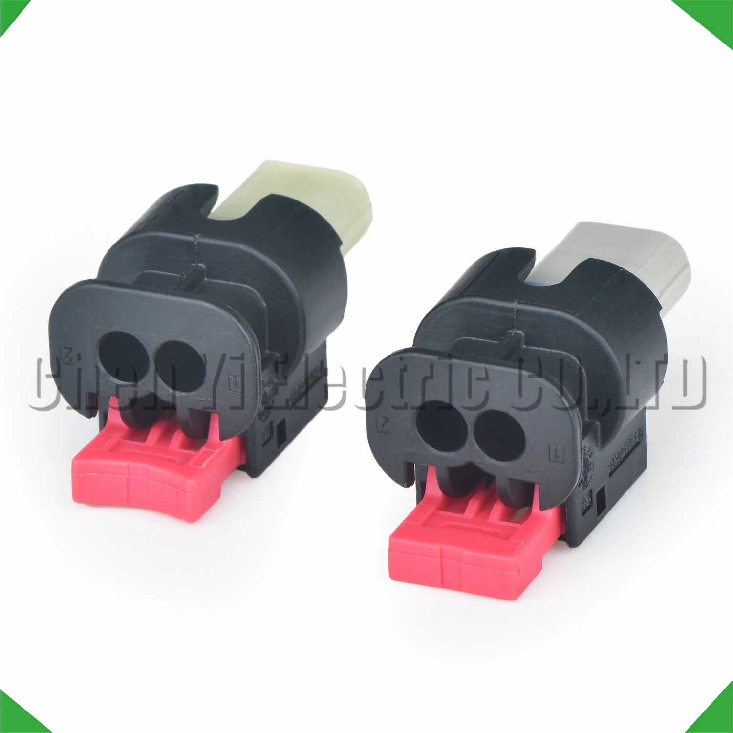 Close-up of 2 pin automotive wire harness plug structure for Tesla