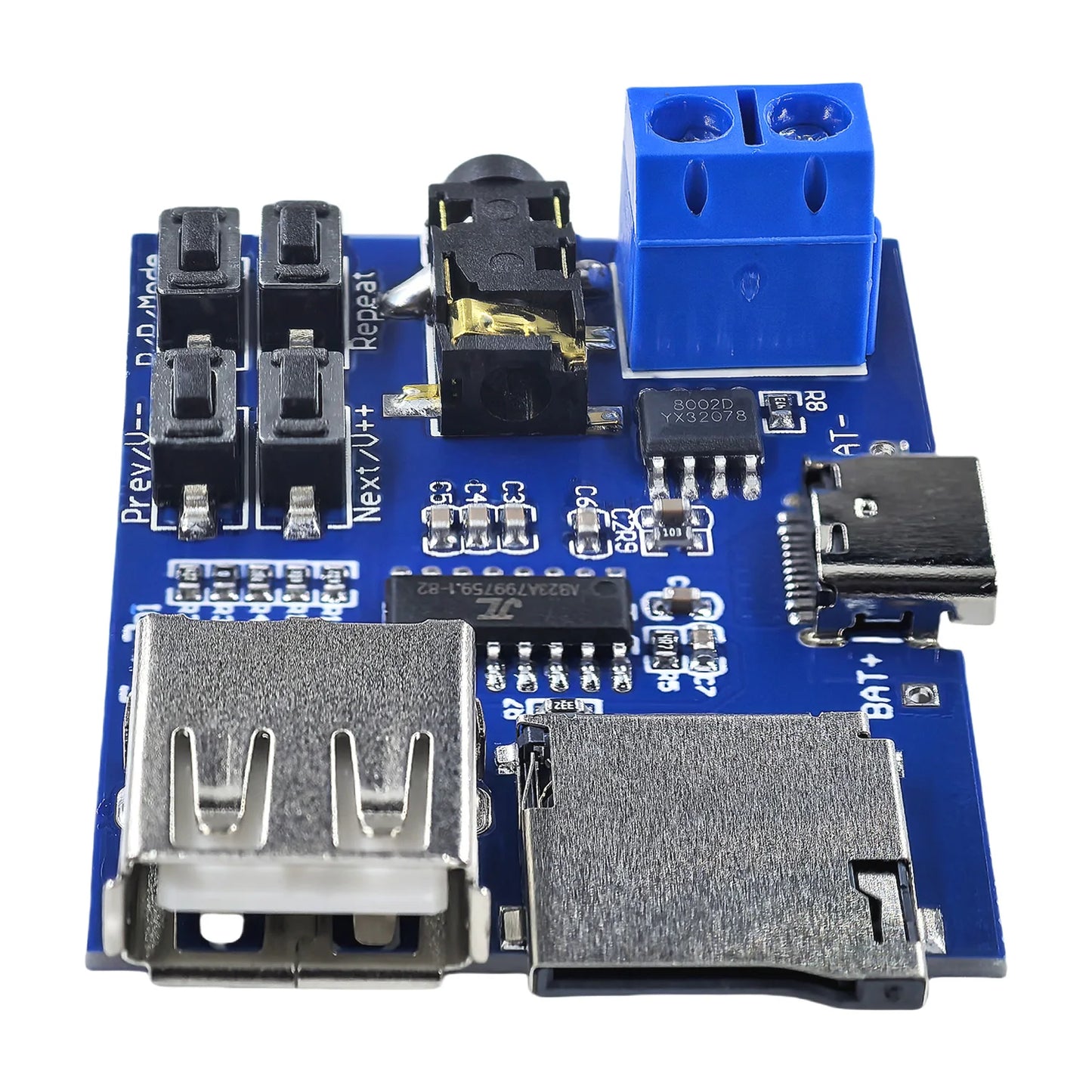 TF card and USB MP3 decoder player module with built-in amplifier, supporting 3.7-5.5V power supply via Micro USB or Type-C for DIY audio projects