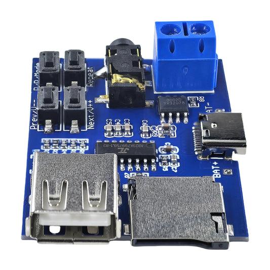 TF card and USB MP3 decoder player module with built-in amplifier, supporting 3.7-5.5V power supply via Micro USB or Type-C for DIY audio projects