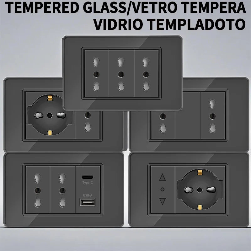 T&I wall switch socket with USB-C fast charging, Italy and Chile Schuko outlet, tempered glass panel for home use
