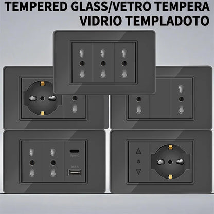 T&I wall switch socket with USB-C fast charging, Italy and Chile Schuko outlet, tempered glass panel for home use