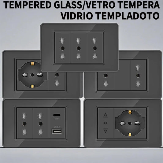 T&I wall switch socket with USB-C fast charging, Italy and Chile Schuko outlet, tempered glass panel for home use