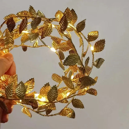 Close up of tiny leaves LED fairy lights string