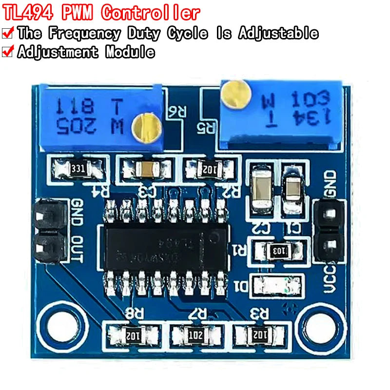 TL494 adjustable PWM controller module, 5V input, frequency 500Hz-100kHz, 250mA output, ideal for DIY electronics, power supply, and motor control projects
