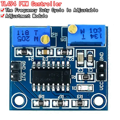 TL494 adjustable PWM controller module, 5V input, frequency 500Hz-100kHz, 250mA output, ideal for DIY electronics, power supply, and motor control projects
