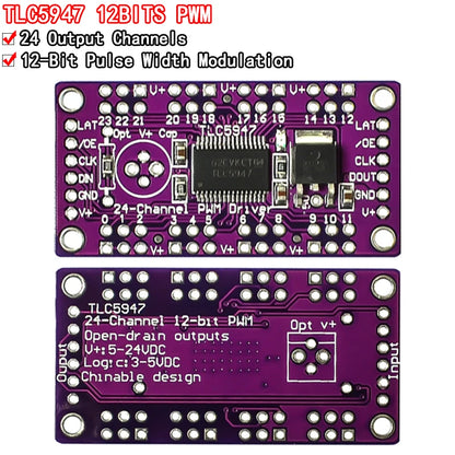 TLC5947 24-channel 12-bit PWM LED driver module with internal oscillator, operating voltage 3-5.5V, ideal for LED lighting and DIY electronics projects