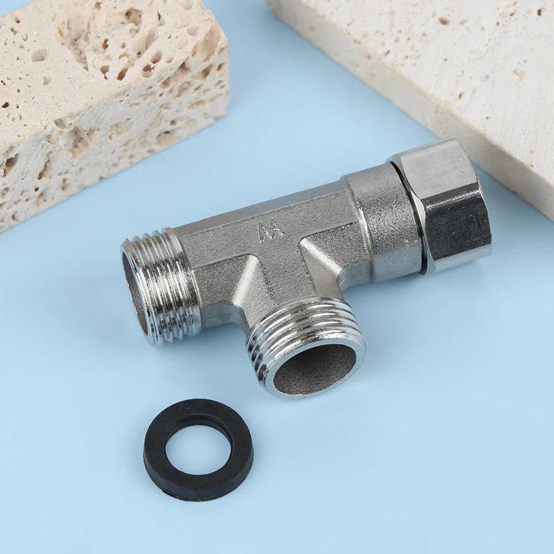 Close-up of three-way T-valve diverter for toilet, bath, and bidet sprayer