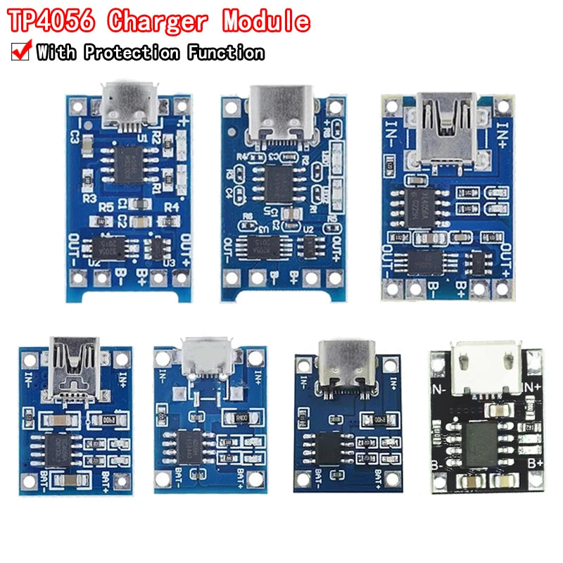 TP4056 lithium battery charger module with Type-C/Micro USB, 5V 1A output, dual protection for 18650 Li-ion batteries