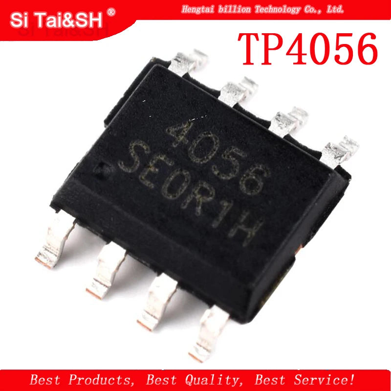 TP4056 1A lithium battery charging IC in SOP8 SMD package for Li-ion cells, ideal for DIY battery packs and electronics projects