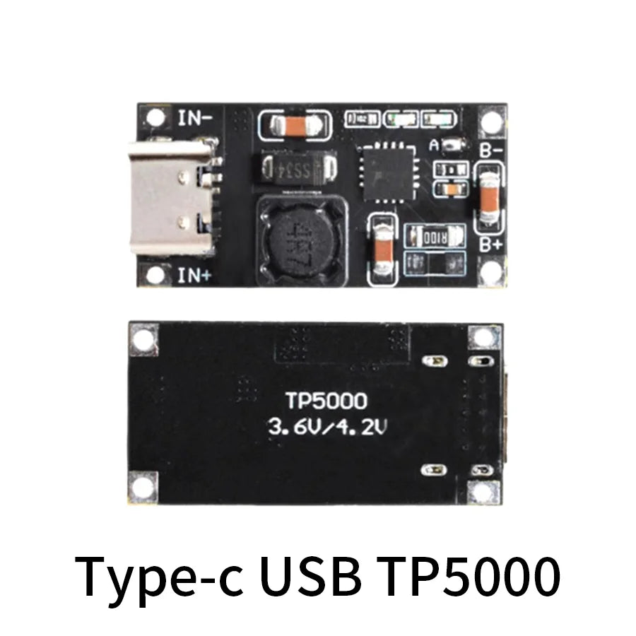 TP5000 Li-ion battery charging board module with 4.2V/3.6V 1A output, DC 4.5-9V input, Type-C interface for power management