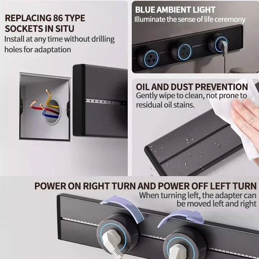 Track socket power rail showing movable sockets and USB Type-C ports for EU US UK standard