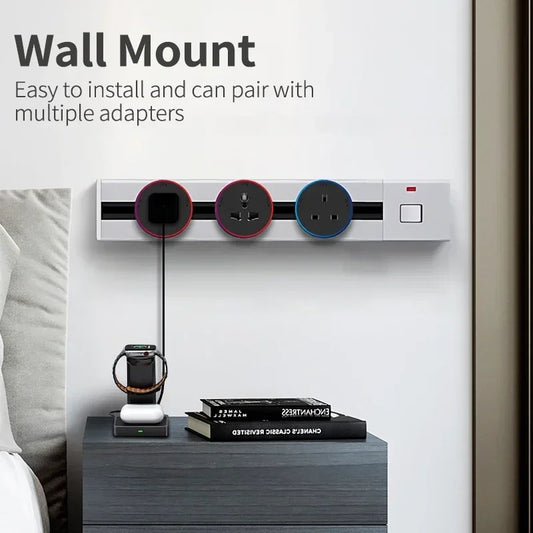 Wall mounted track socket showing USB ports and removable extension feature for household power applications