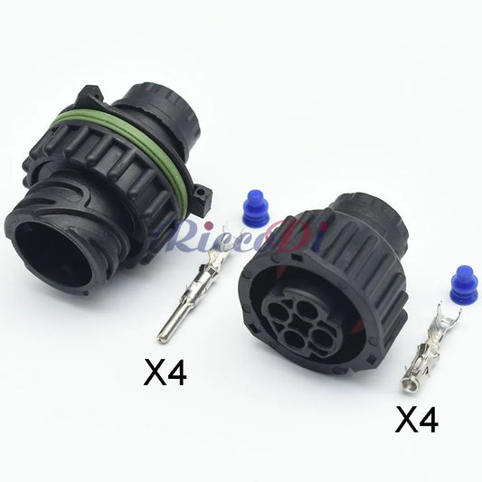 Close-up of Tyco 4 Pin round male female sealed odometer speed sensor connector terminals 1-967402-1 1-967325-1 for HOWO A7 truck