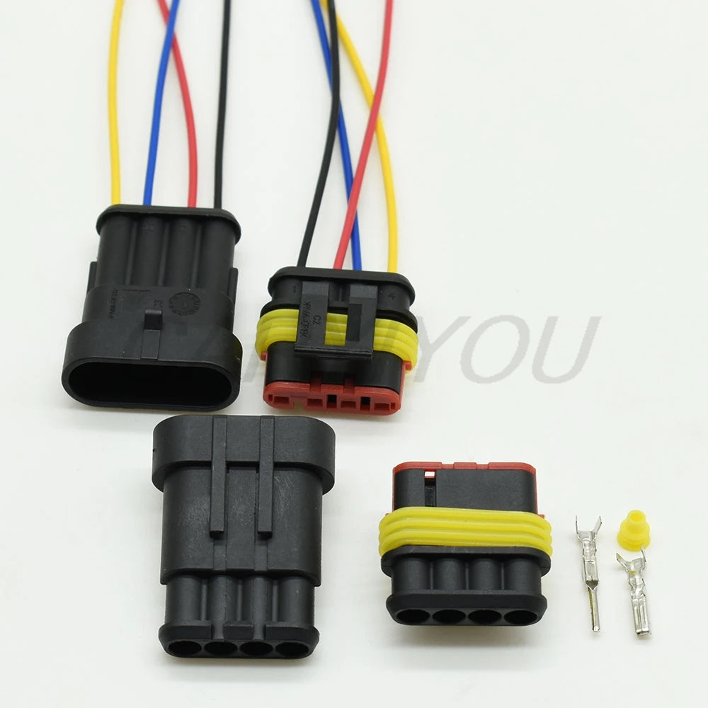 Close-up of Tyco AMP Superseal 4 Pin Sealed Automotive Connector terminals 282106-1 282088-1