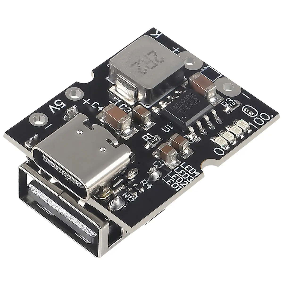 Type-C USB 5V 2A boost converter module with step-up power output, lithium battery charging protection, and LED display for DIY electronics projects