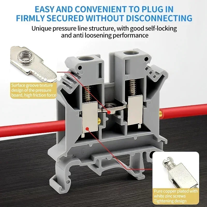 Brass UK screw clamp connector showing DIN rail mounting and multiple size options for wiring applications