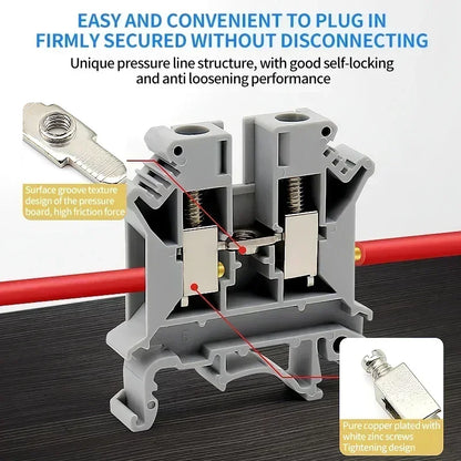 Brass UK screw clamp connector showing DIN rail mounting and multiple size options for wiring applications