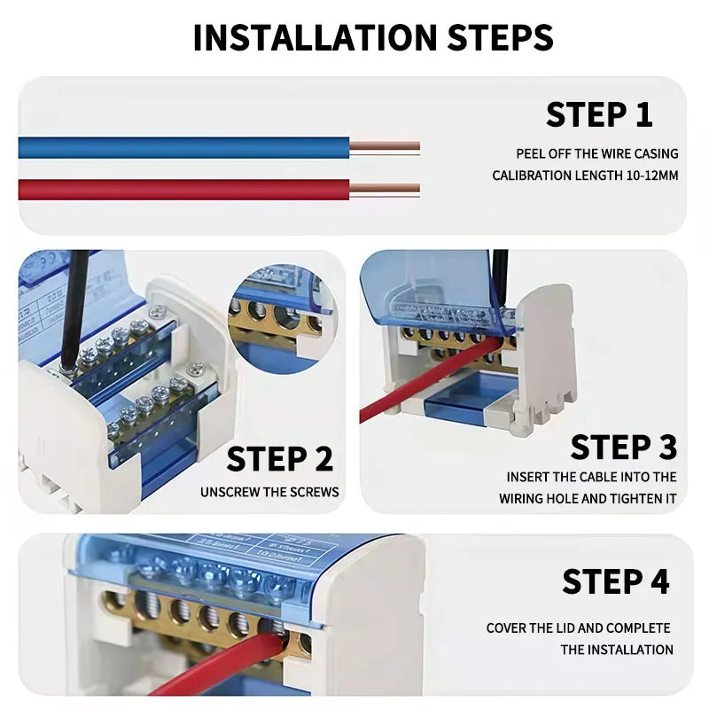 UK415 DIN rail terminal block showing 1 in 6 out electrical distribution connection