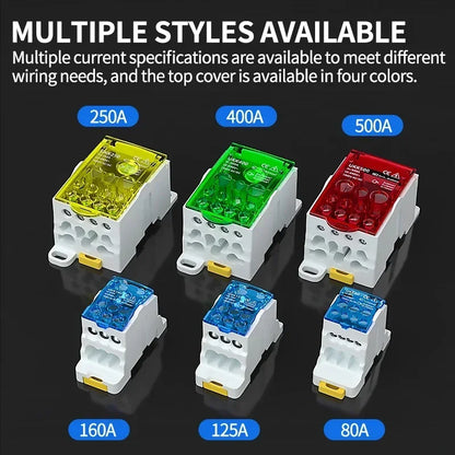 Series of din rail distribution junction boxes one in seven out with UKK terminal block, rated 80A 125A 160A 250A 400A