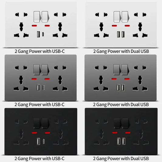 Universal wall socket 2-gang power outlet with switches, USB-C charging port, LED indicator, flush mount AC 110-250V