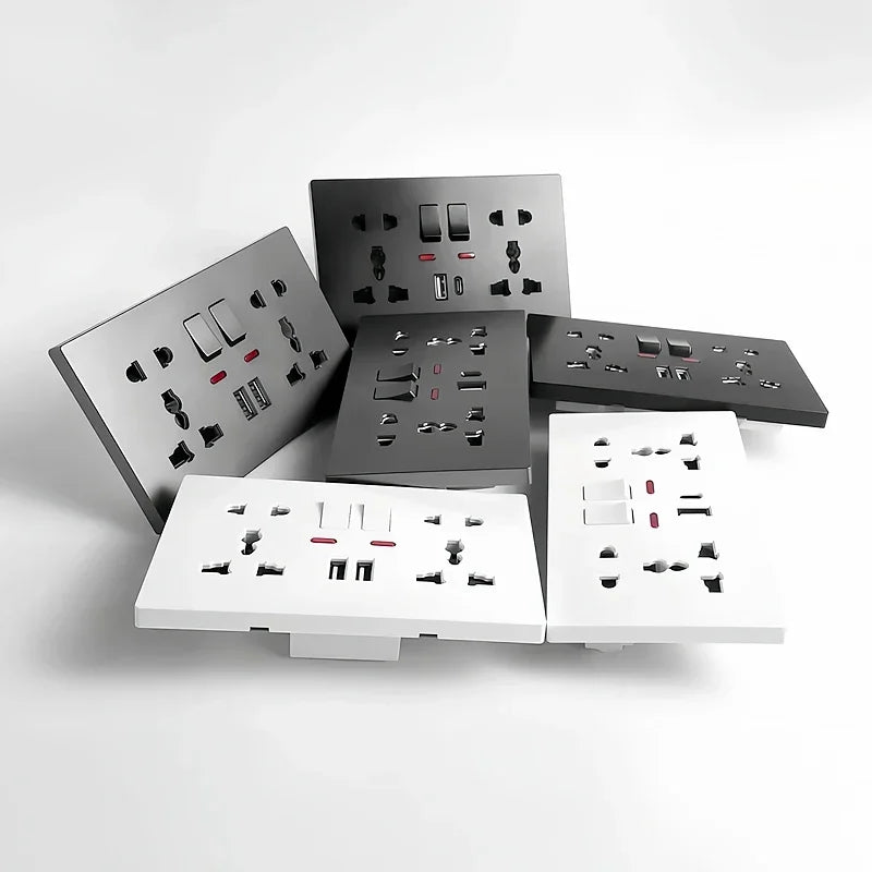 Universal wall socket 2-gang power outlet with USB-C charging port, LED indicator and flush mount installation design