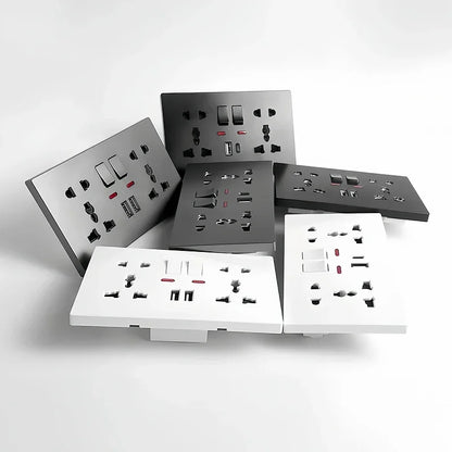 Universal wall socket 2-gang power outlet with USB-C charging port, LED indicator and flush mount installation design