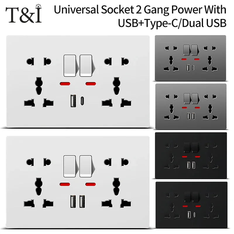 Universal wall socket with USB-C and USB charger, 2 gang power outlet with switch, flush mount AC 110-250V