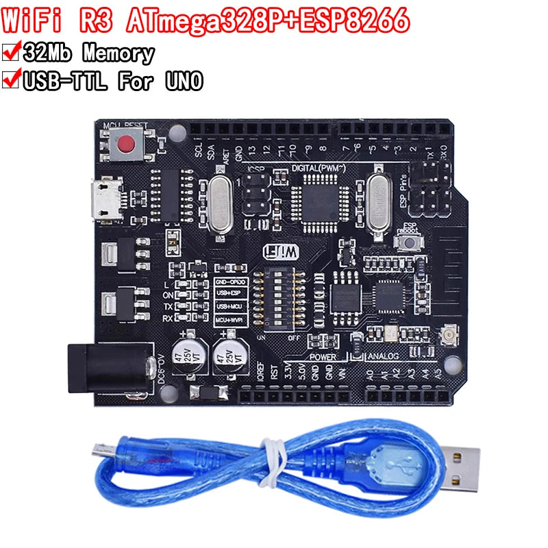 UNO R3 + WiFi ATmega328P ESP8266 development board with 32Mb memory, USB-TTL CH340G interface for Arduino and IoT projects