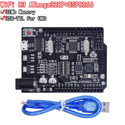 UNO R3 + WiFi ATmega328P ESP8266 development board with 32Mb memory, USB-TTL CH340G interface for Arduino and IoT projects