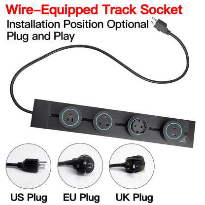 Power track socket rail with US/EU/UK adapters, USB Type-C charging, suitable for office and home setups
