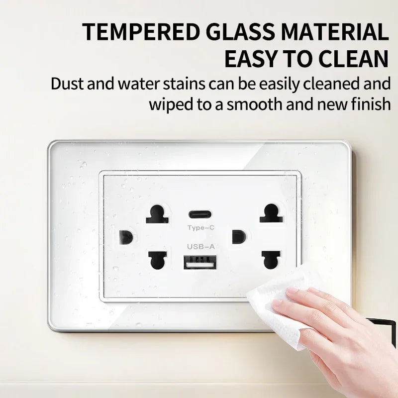 118x75mm tempered glass US-Thai socket for 110V household and office use with dual USB-C ports and 2 AC outlets
