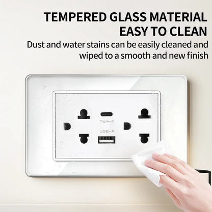 118x75mm tempered glass US-Thai socket for 110V household and office use with dual USB-C ports and 2 AC outlets