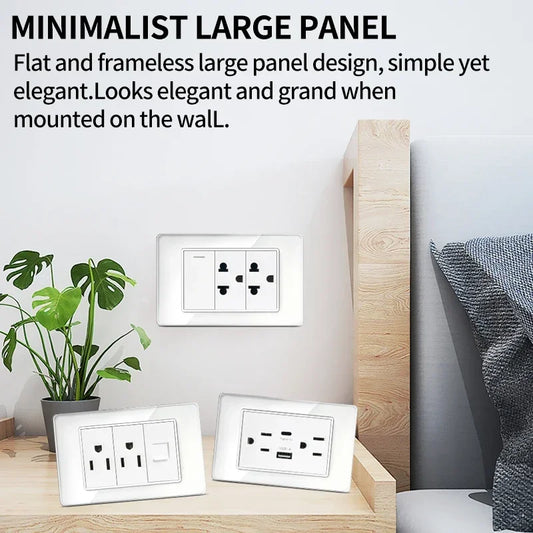 Tempered glass US-Thai socket showing dual USB-C ports and 2 AC outlets on 118x75mm scratch-resistant panel