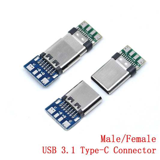 USB 3.1 Type-C 24-pin male and female connector socket adapter, supports PCB mounting, soldering wires, and electronics projects