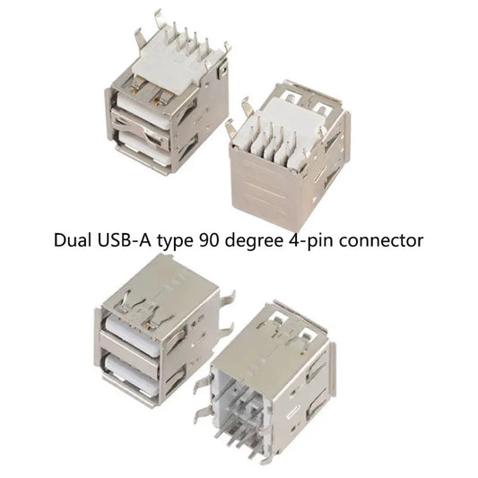 USB-A 90 degree dual female solder PCB connector with 4 pins