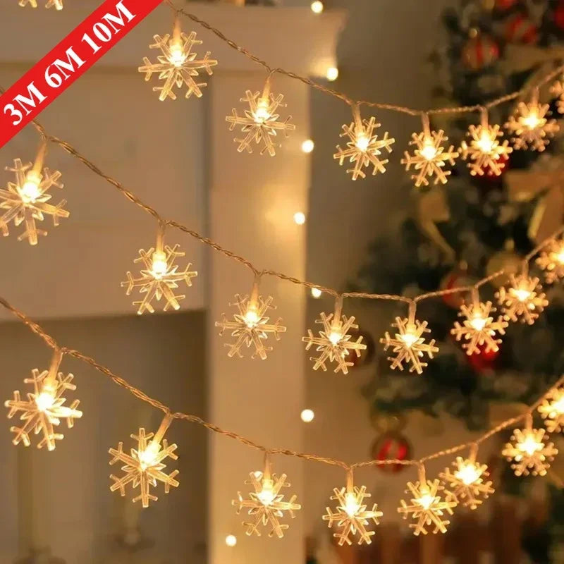 Close-up of snowflake LED fairy lights, USB and battery powered, for Christmas and holiday decorations