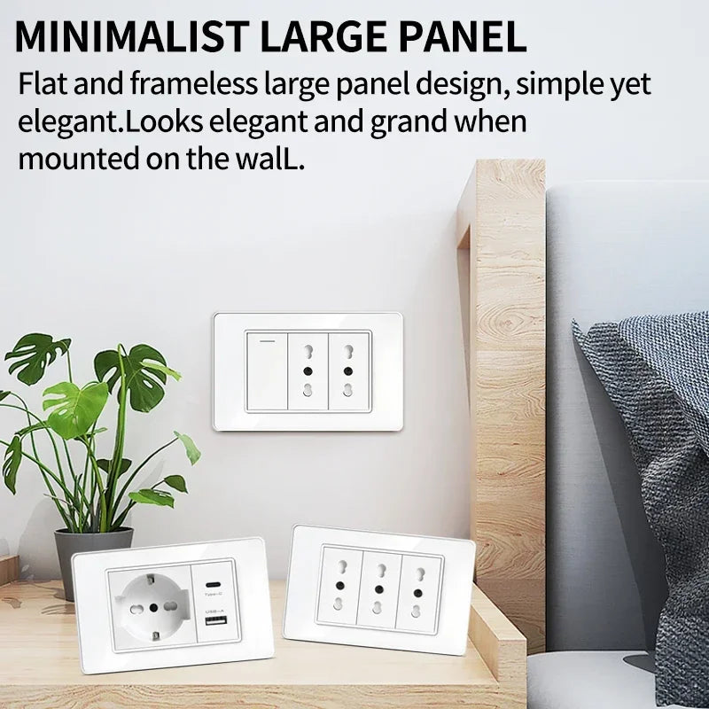 Wall switch socket with USB-C fast charging ports, Italy and Chile standard outlets, tempered glass panel