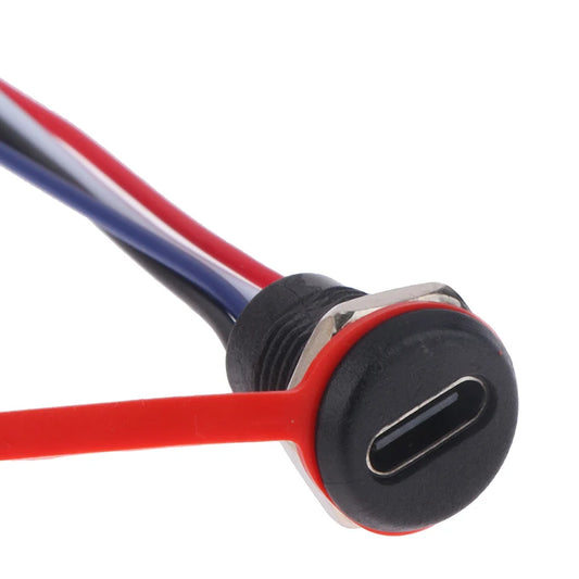 Close-up of USB-C female waterproof connector jack, high current 4Pin charging socket with PH2.0 nut