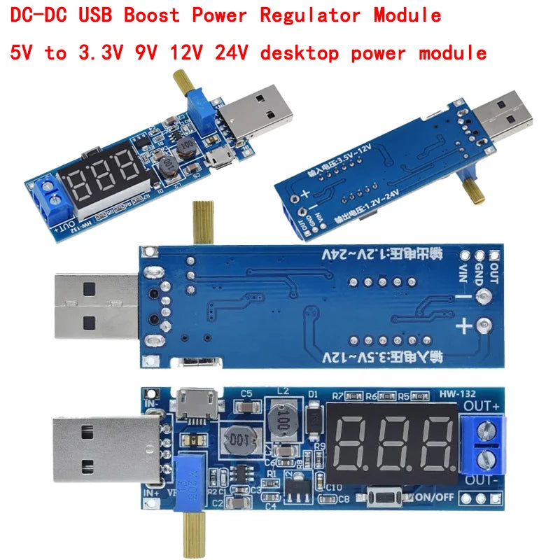 USB DC-DC boost power regulator module converting 5V input to 3.3V, 9V, 12V, or 24V, suitable for digital desktop power supply and electronics projects