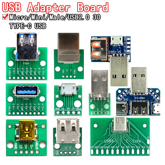 USB male to DIP adapter converter with Mini/Micro B and Type-C USB 2.0/3.0 female connector for PCB and DIY electronics
