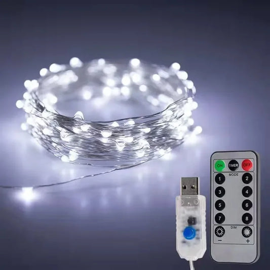 Close-up of USB powered Christmas fairy LED string lights with 8 modes and remote control for festive decoration