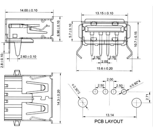 USB 2.0 AF type female 90° DIP plug showing PCB solder connection for printer and data use