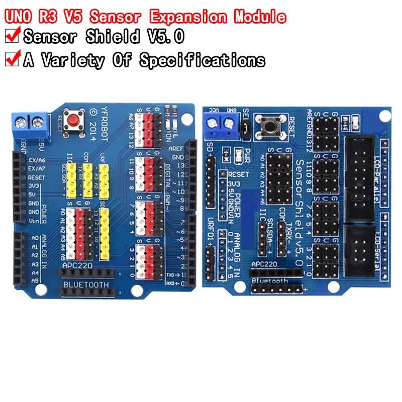 V5 sensor shield expansion board for Arduino UNO R3, compatible with various sensors and modules, ideal for DIY electronics and robotics projects