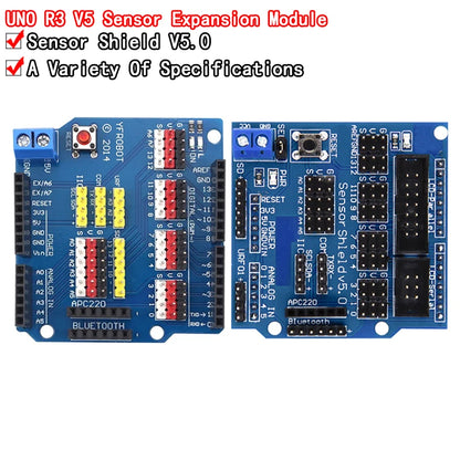 V5 sensor shield expansion board for Arduino UNO R3, compatible with various sensors and modules, ideal for DIY electronics and robotics projects