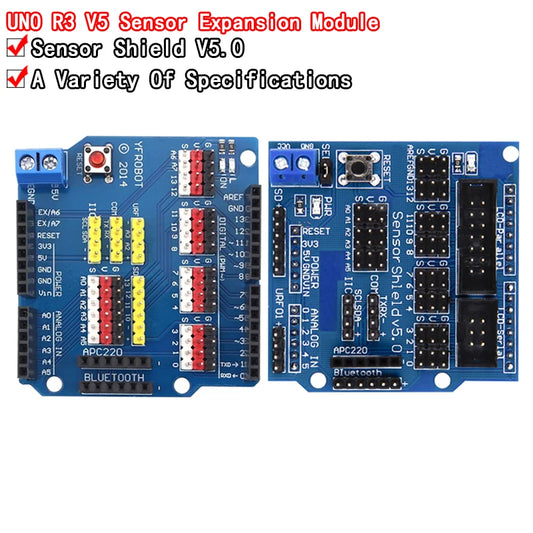 V5 sensor shield expansion board for Arduino UNO R3, compatible with various sensors and modules, ideal for DIY electronics and robotics projects