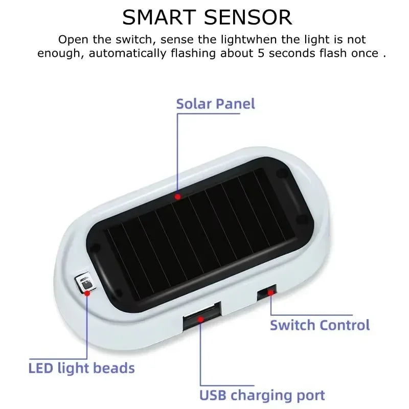 Solar powered anti-theft LED flashing light for vehicles
